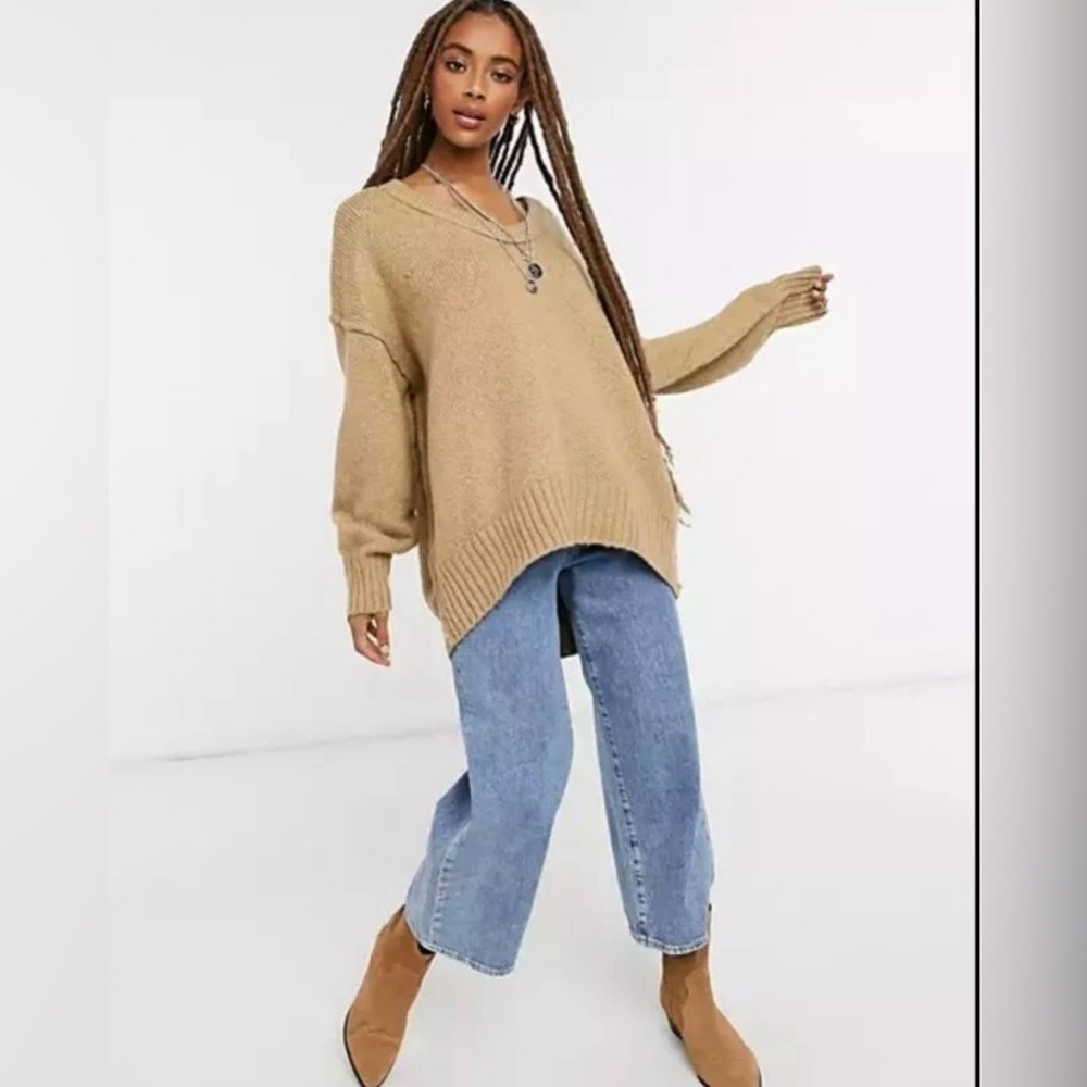 Free People Womens Large Oversized V-Neck Chunky Knit Sweater Tan Boho Slouchy